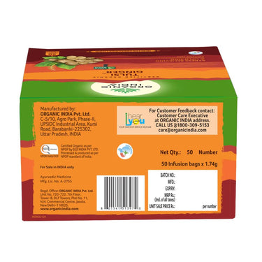 A TATA Product - Organic India Tulsi Ginger - 50 Tea Bags, Rich in Antioxidants, Supports Digestion, Stress Relieving, Helps Boost Metabolism, Caffeine-Free, Whole Herbs
